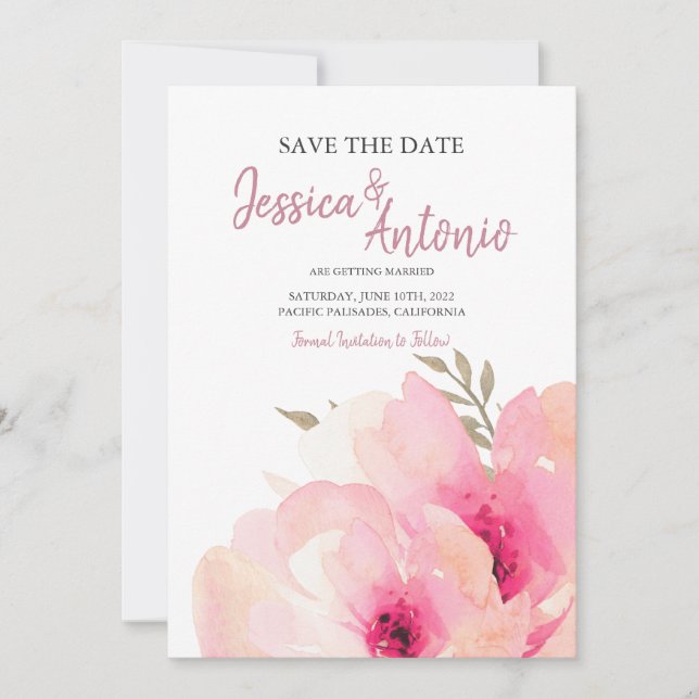 Faire-part de mariage à l'aquarelle de pivoine ros (Devant)