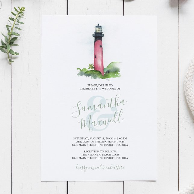 Faire-part de mariage à l'aquarelle d'un phare côt (Beach wedding invitation ocean and lighthouse watercolor art by Victoria Grigaliunas)