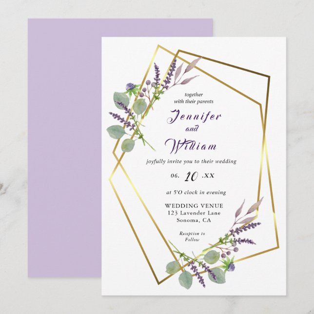 Faire-part de mariage à l'aquarelle Lavande, Eucal (Devant / Derrière)