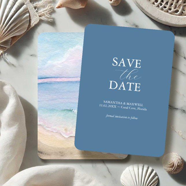 Faire-part de mariage à l'aquarelle sur la plage (beach wedding save the dates watercolor ocean art by Victoria Grigaliunas of Do Tell A Belle)