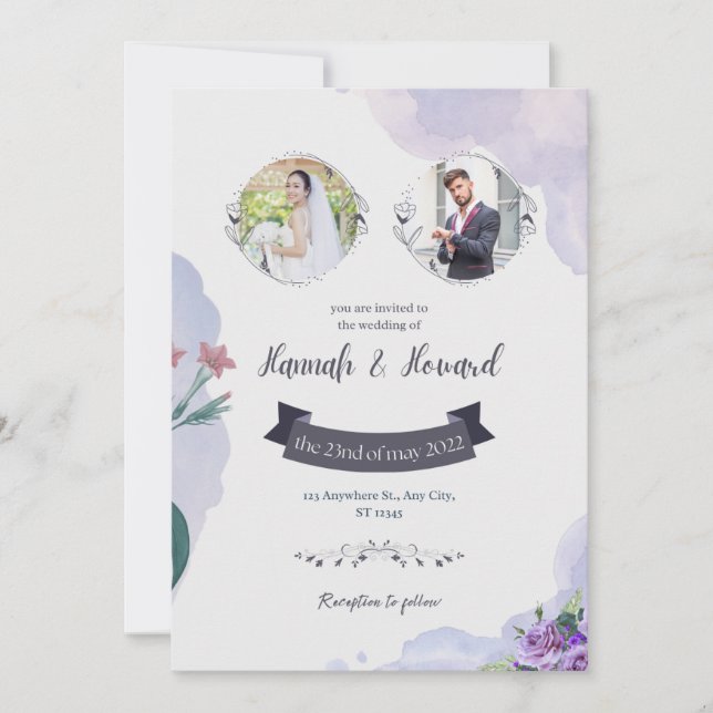 Faire-part de mariage à l'aquarelle violet et blan (Devant)