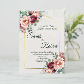 Faire-part de mariage à l'arche florale dorée avec