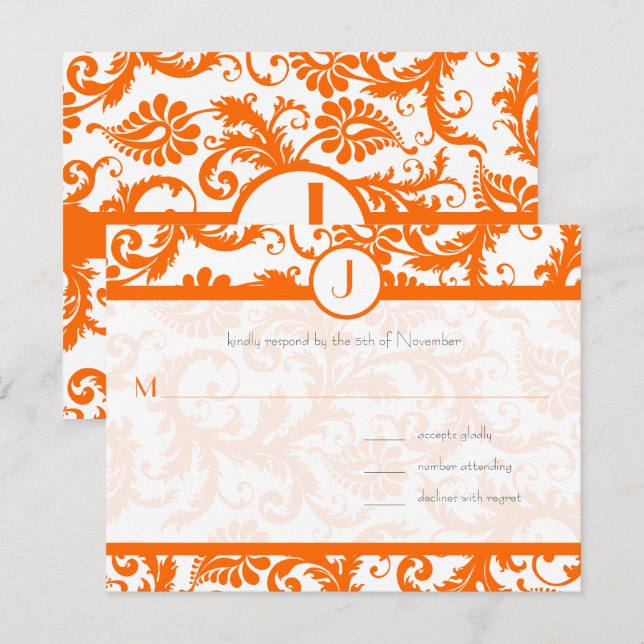 Faire-part de mariage à monogramme en damas orange (Devant / Derrière)
