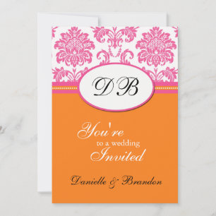 Faire-part de mariage à monogramme en damas rose e
