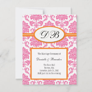 Faire-part de mariage à monogramme en damas rose e