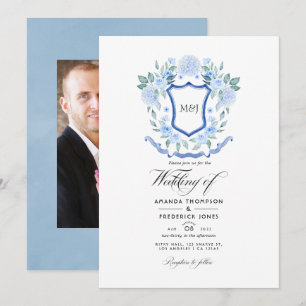 Faire-part de mariage à monogramme floral bleu