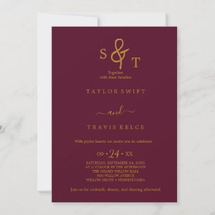 Faire-part de mariage à monogramme or et bordeaux