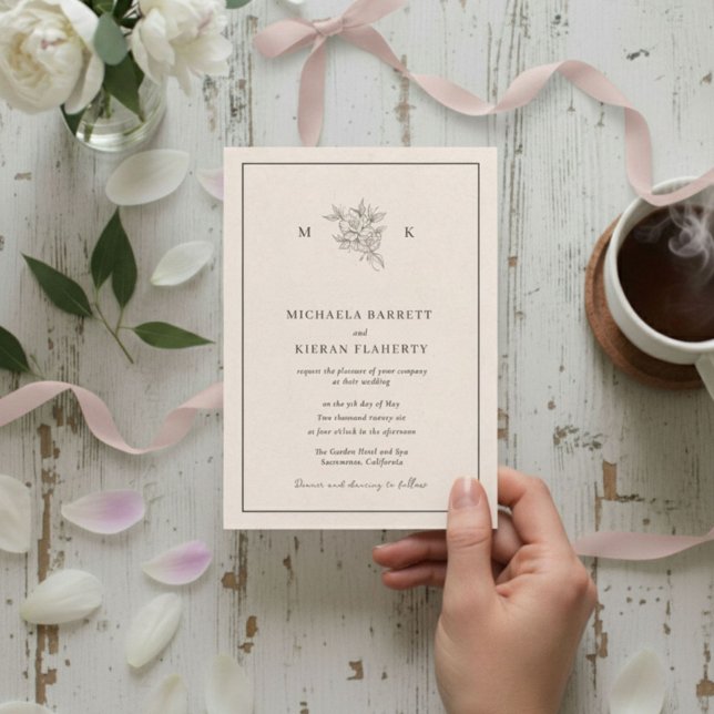 Faire-part de mariage à monogramme rose traditionn (Traditional Blush Pink Monogram Wedding Invitation)