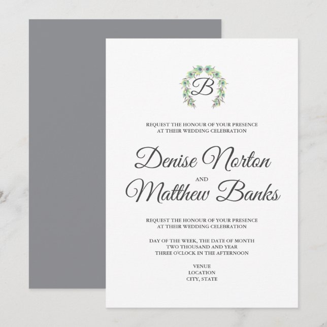 Faire-part de mariage à monogramme simple (Devant / Derrière)