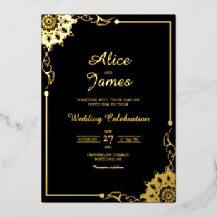 Faire-part de mariage à motif floral noir avec feu