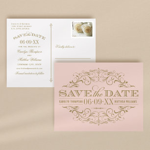 Faire-part de mariage à motifs dorés et rose poudr