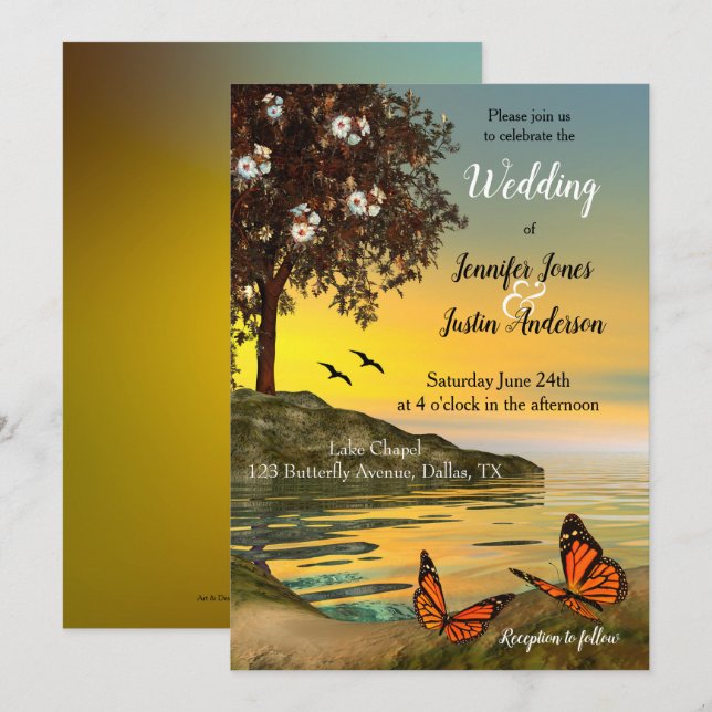 Faire-part de mariage à papillon du lac Sunset art (Devant / Derrière)