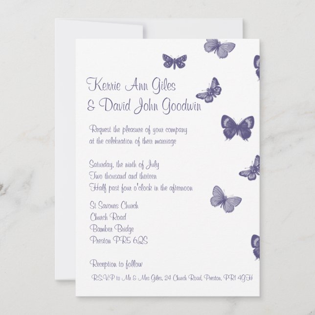 Faire-part de mariage à papillons mauves et blancs (Devant)