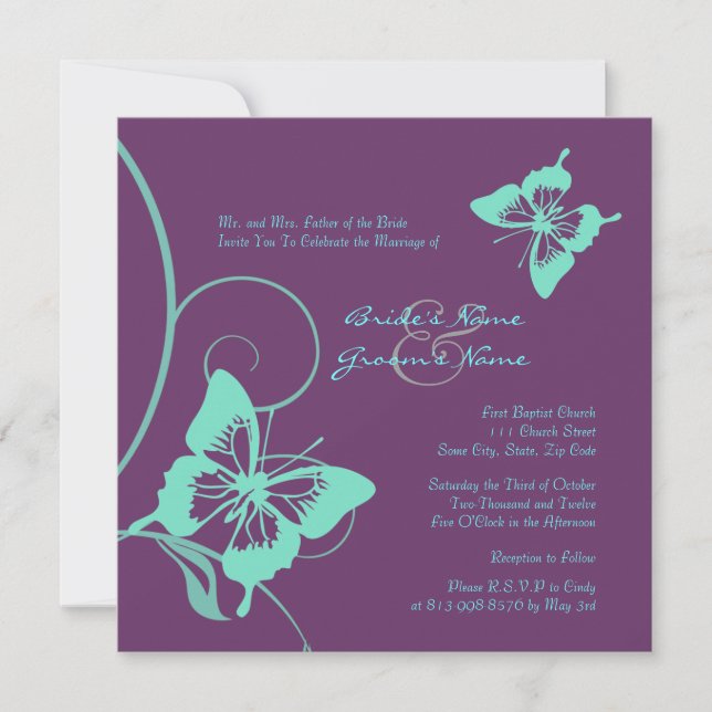 Faire-part de mariage à papillons violet et Turquo (Devant)