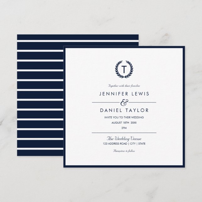 Faire-part de mariage à rayures bleu et blanc de l (Devant / Derrière)