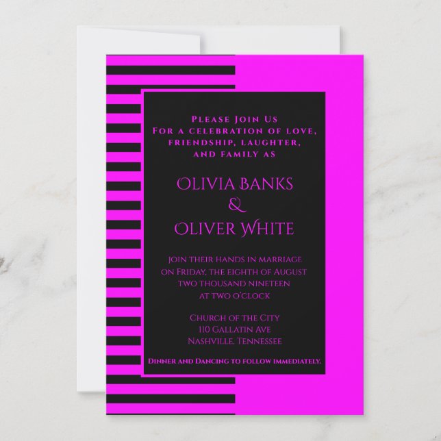 Faire-part de mariage à rayures rose et noire (Devant)
