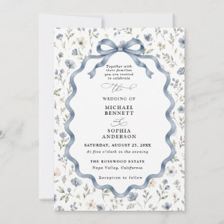 Faire-part de mariage à ruban fleur sauvage bleu p