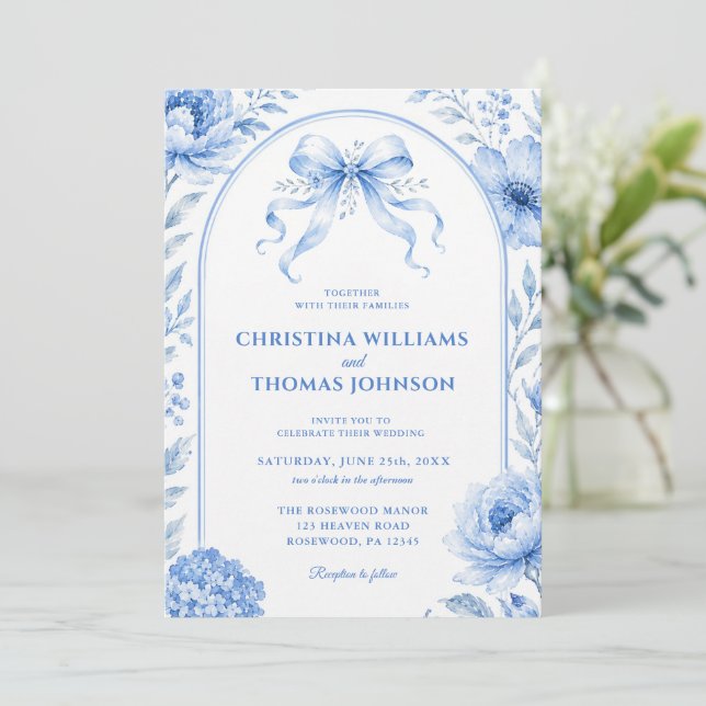 Faire-part de mariage à ruban floral à arche bleu (Debout devant)