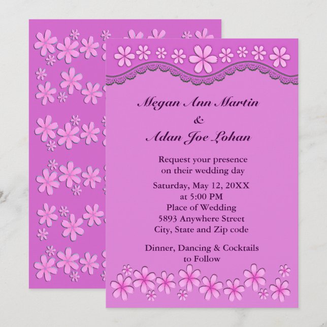 Faire-part de mariage à six pétales rose violet (Devant / Derrière)