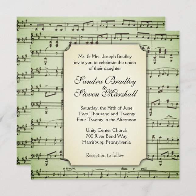 Faire-part de mariage à thème de musique vert (Devant / Derrière)