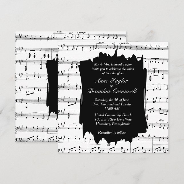Faire-part de mariage à thème Musique noire et bla (Devant / Derrière)