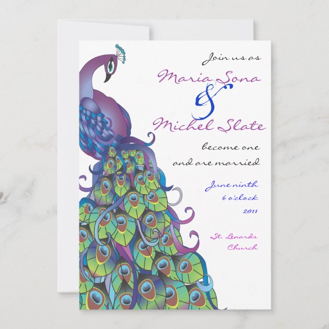 Faire-part de mariage à thème Peacock Bleu (Devant)