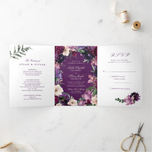 Faire-part de mariage à trois volets floraux pourp