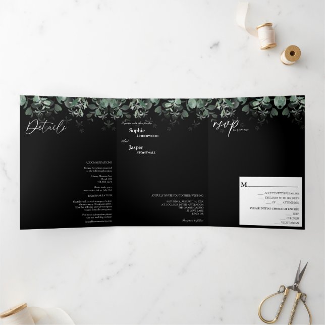 Faire-part de mariage à trois volets noir vert mod (Intérieur)