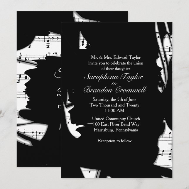 Faire-part de mariage Abstrait de musique noire et (Devant / Derrière)