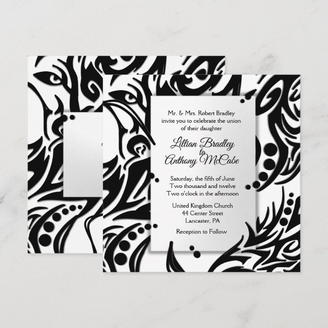 Faire-part de mariage Abstraite tribale noire et b (Devant / Derrière)