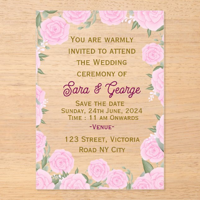Faire-part de mariage acrylique rose (Recto)
