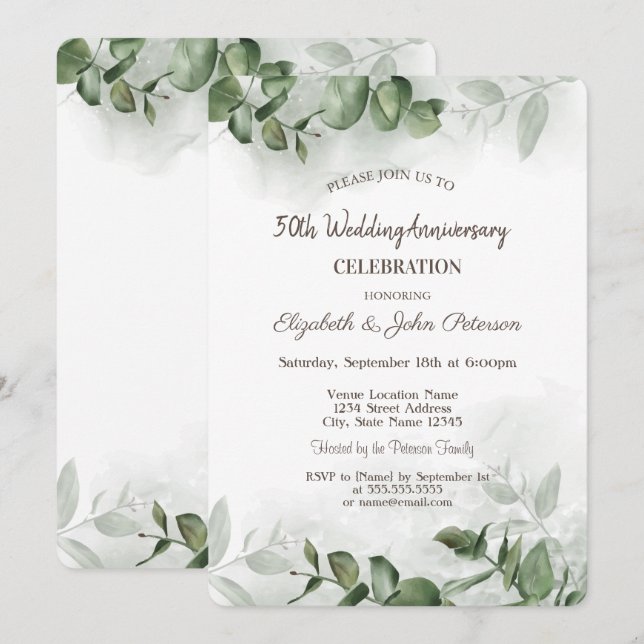 Faire-part de mariage anniversaire Eucalyptus aqua (Devant / Derrière)