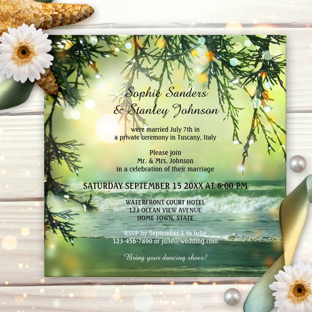 Faire-part de mariage après la cérémonie ou carte  (Wedding reception only invitation featuring a painting of an ocean with sparkling bokeh lights)