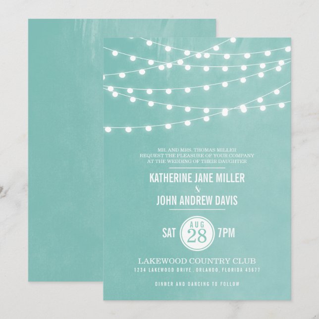 Faire-part de mariage Aqua String Lights (Devant / Derrière)