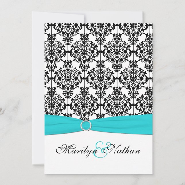 Faire-part de mariage Aqua, White et Black Damask  (Devant)