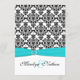 Faire-part de mariage Aqua, White et Black Damask 