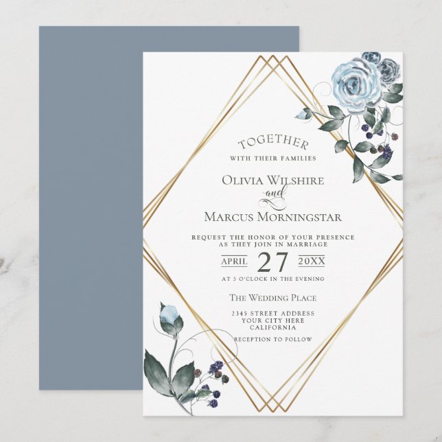 Faire-part de mariage | Aquarelle bleu bleu foncé (Devant / Derrière)