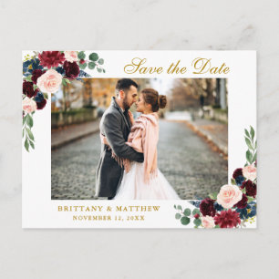 Faire-part de mariage aquarelle bordeaux bleu flor