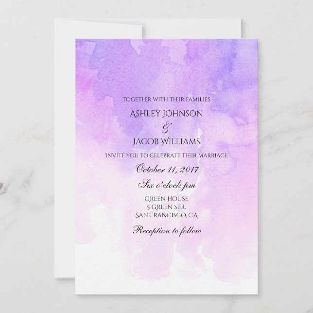 Faire-part de mariage aquarelle. Rose et violet (Devant)