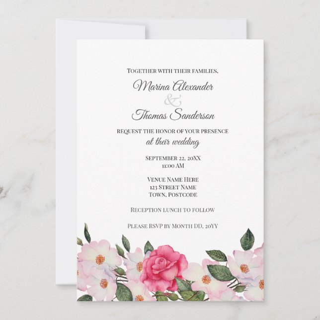 Faire-part de mariage Aquarelle rose Roses blanche (Devant)