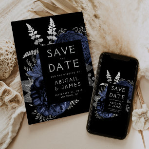 Faire-part de mariage argent bleu marine Floral fo