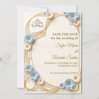 Faire-part de mariage Art Nouveau pastel bleu or