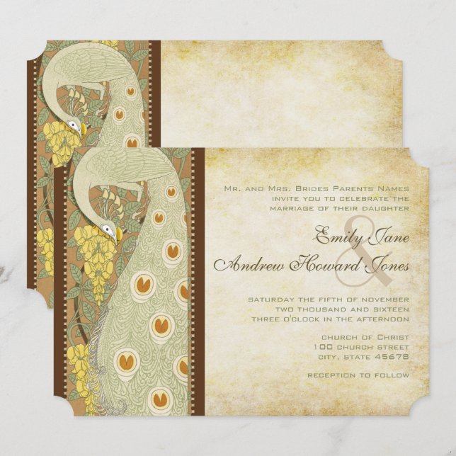 Faire-part de mariage Art nouveau Peacock Birds (Devant / Derrière)