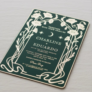 Faire-part de mariage Art Nouveau vert forêt et or