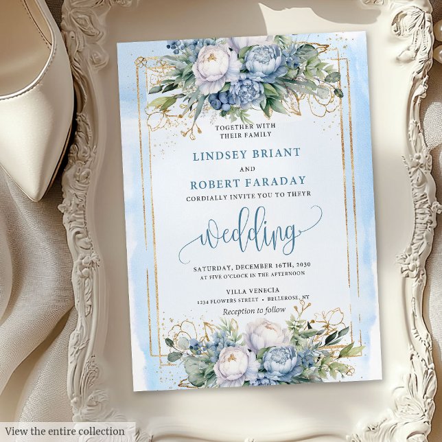Faire-part de mariage aux fleurs d'or bleu pastel  (Modern pastel blue gold flowers wedding invitation

)