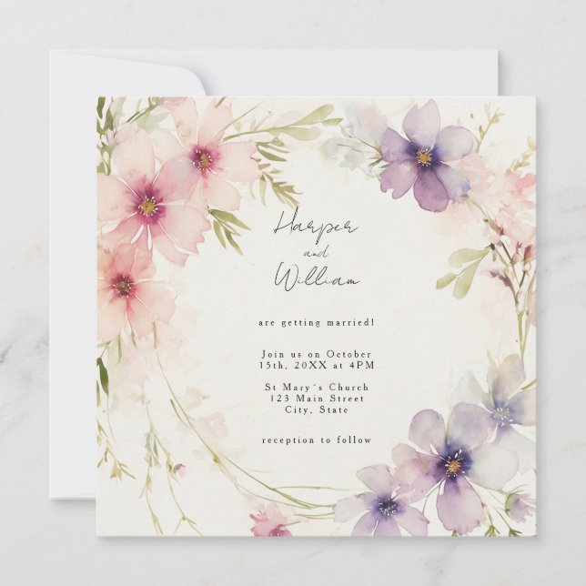 Faire-part de mariage aux fleurs rose et bleu past (Devant)