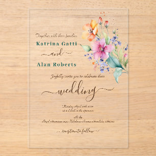 Faire-part de mariage aux fleurs roses, jaunes et