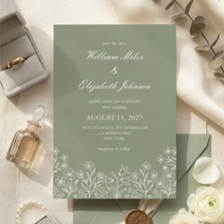 Faire-part de mariage aux fleurs sauvages vert sau