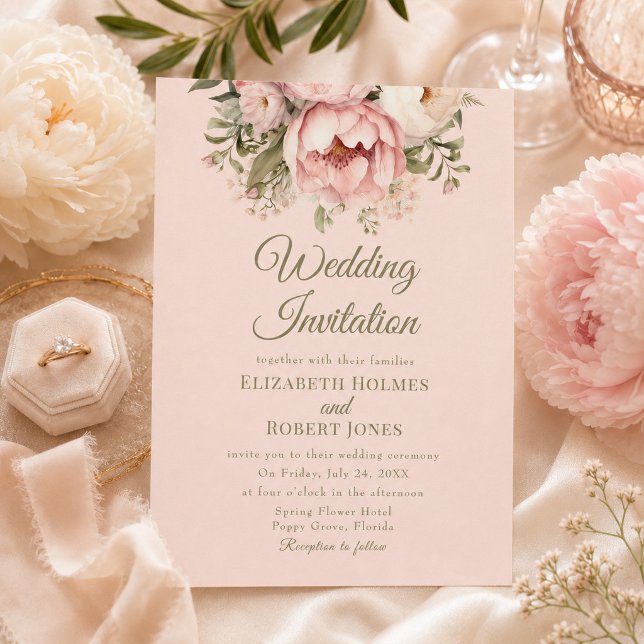 Faire-part de mariage aux pivoines rose poudré (Dusty Blush Peony Wedding Invitation)