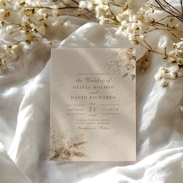 Faire-part de mariage aux roses blanches beige rus (Rustic Beige Dried Flower & White Roses Wedding Invitation on a sunny table with white dry flowers.)
